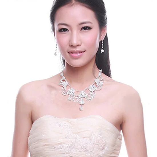 Women's Luxury Rhinestone Faux Pearl Necklace Earring Wedding Bridal Jewelry Set luxury shiny jewelry set women wedding |