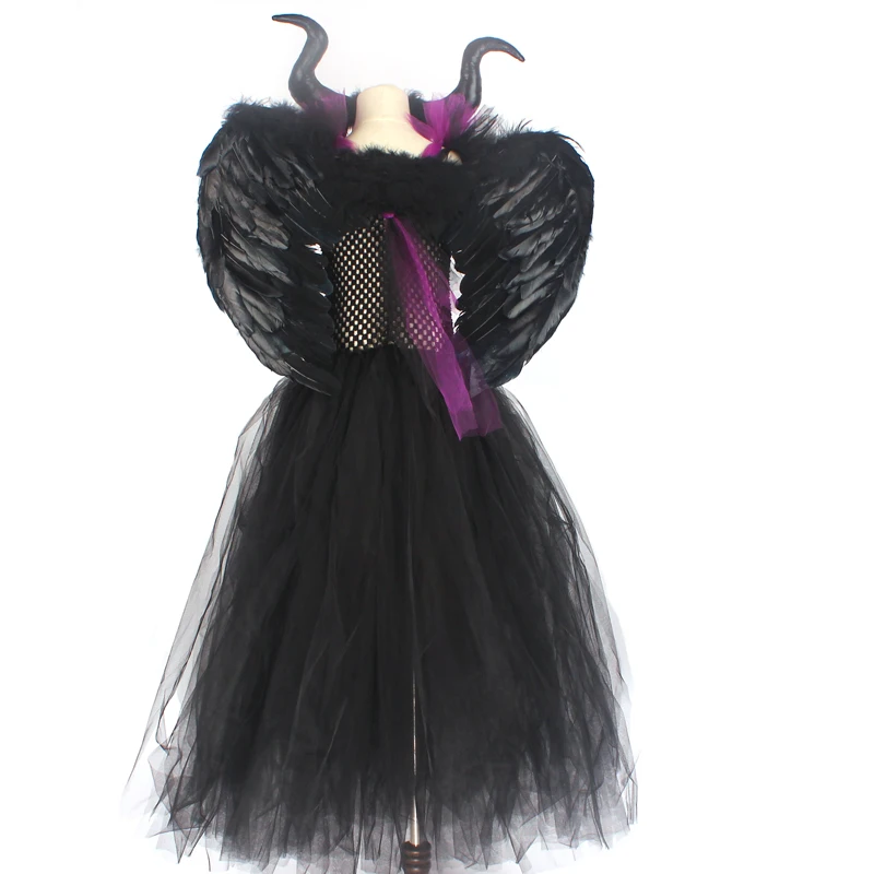 Maleficent/черное платье-пачка с роскошными рогами и крыльями; нарядное платье для девочек; Детский костюм ведьмы для косплея на Хэллоуин