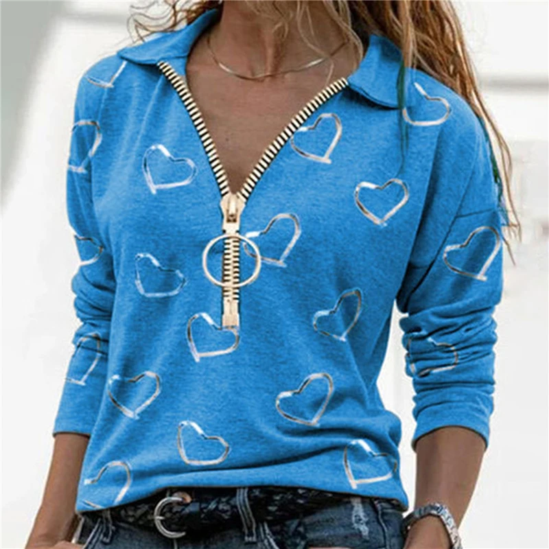 

Women V-Neck Pullover Tops Elegant Heart Print Zipper T-shirt Autumn Casual Long Sleeve Top Lady Shirt Street Plus-Size Tees