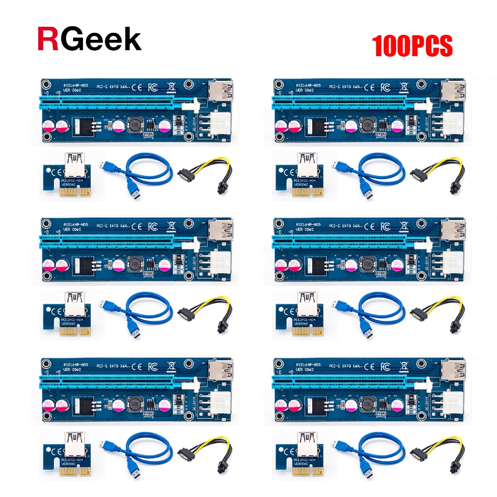 

100 шт. 006C PCIe 1x до 16x Экспресс Райзер карта графический pci-e Райзер удлинитель 60 см USB 3,0 кабель SATA до 6 контактов питания для майнинга BTC