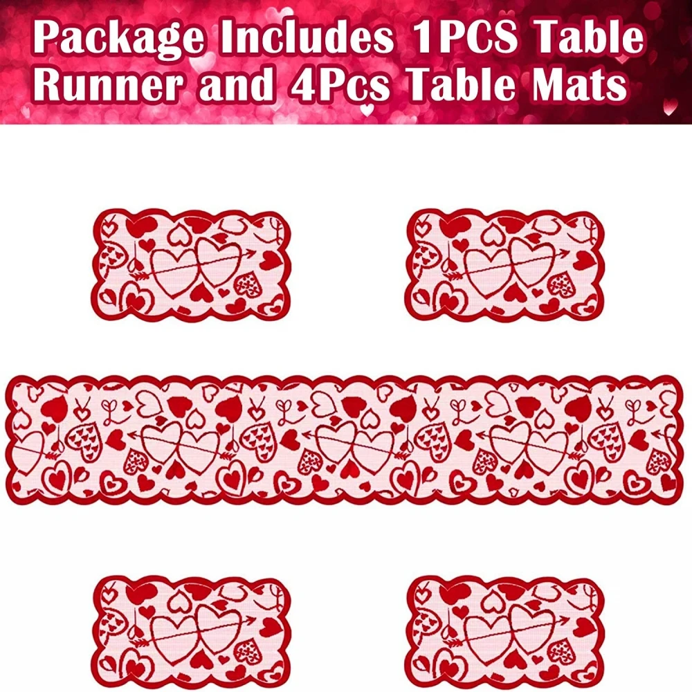 Red Heart-Shaped Valentine's Day Lace Fabric Tablecloth Wedding Party Dining Table Romantic Decoration mat Kitchen Placemat | Дом и сад