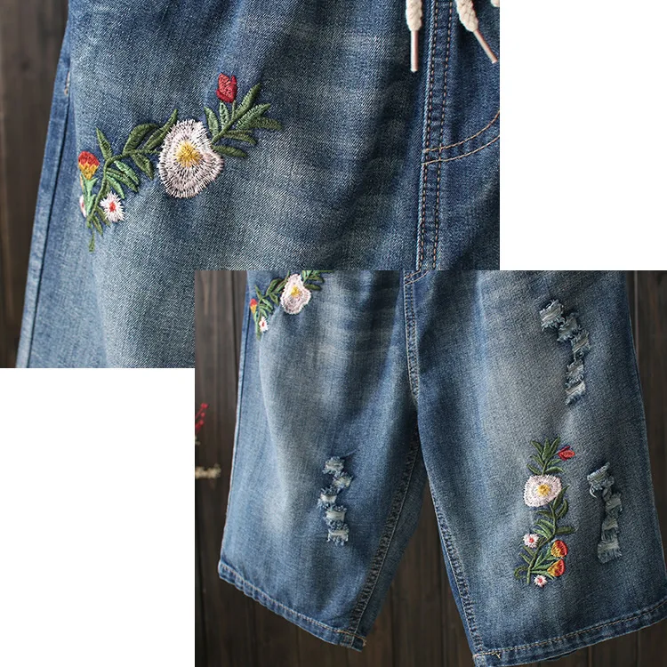Джинсы женские с цветочной вышивкой винтажные штаны из денима завышенной талией