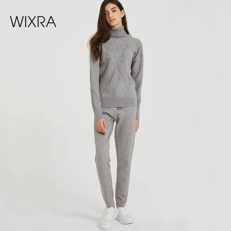 

Wixra Женские повседневные трикотаж костюм комплект с длинным рукавом свитер брюки штаны кэжуал база базовая тренды повседневная 2019 Зима вес...