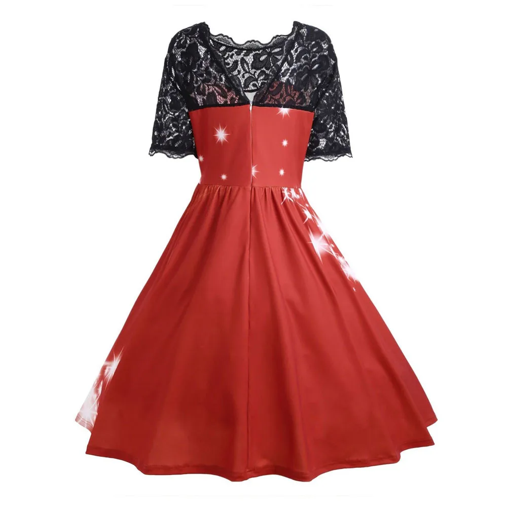 

2021 Womens Christmas Party Dress Ladies Vintage Xmas Swing Lace Dress Fashion Retro Loose Atmosphere Simple Temperament