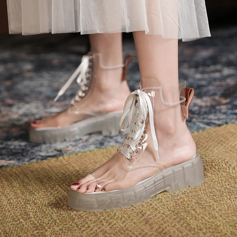 Murah Sandal Jelly PVC Transparan Ujung Jari Terbuka Seksi 2021 Sepatu Gladiator Hak Tinggi Bertali Modis Wanita Sepatu Bot Sandalias Platform Wanita