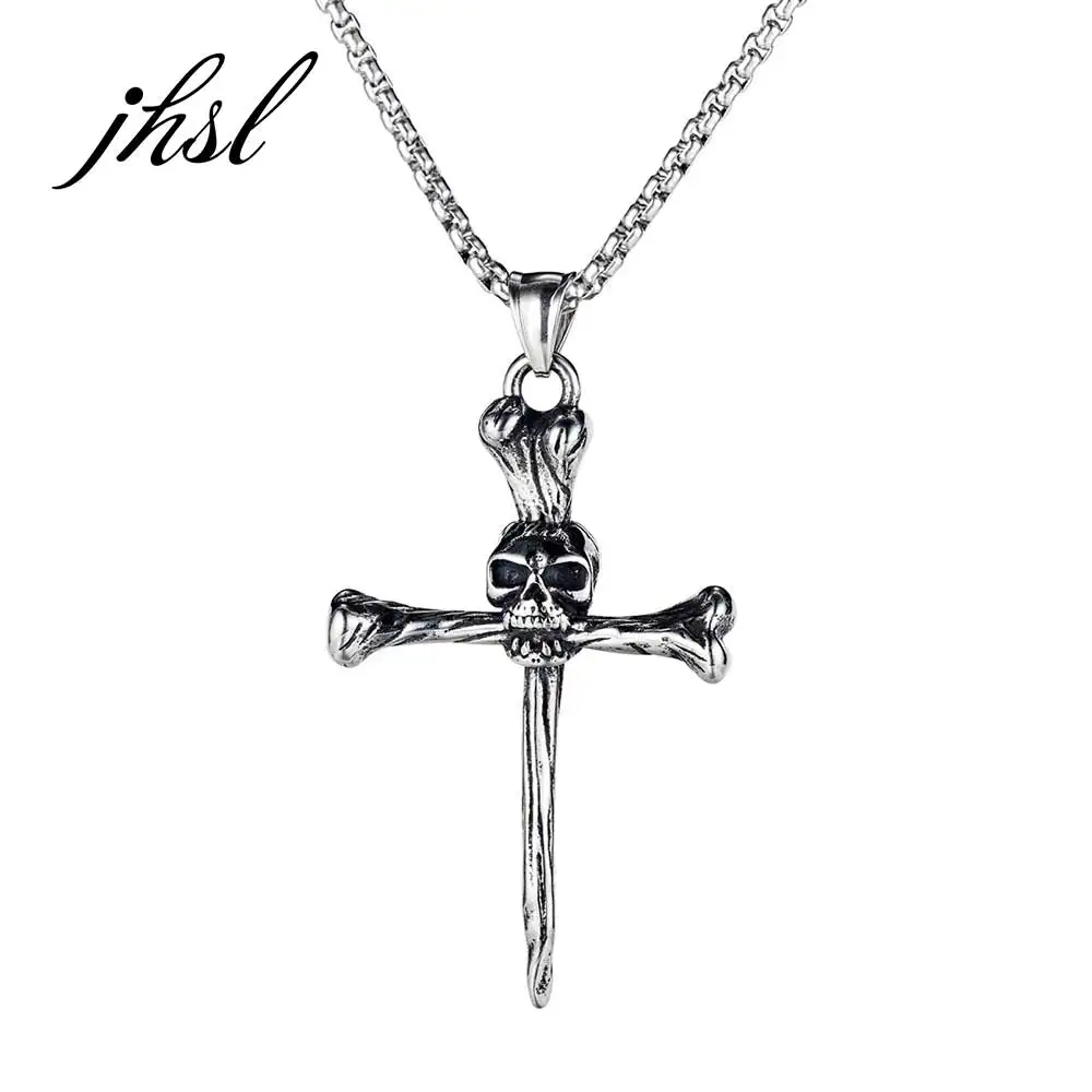 

JHSL Punk Men Skull + Cross Pendant Necklace Silver Color Stainless Steel Fashion Jewelry Gift Wholesale New Arrivla 2021
