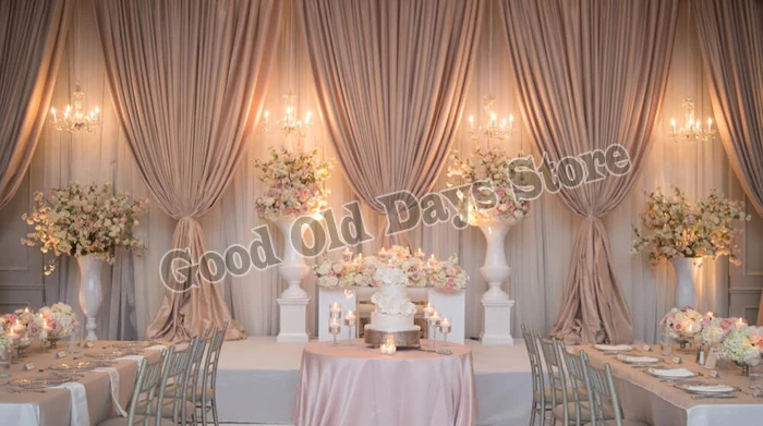 

2022 Lastest 3M x 6M White Wedding Backdrop with Coffee swags Wedding Stage Decoration
