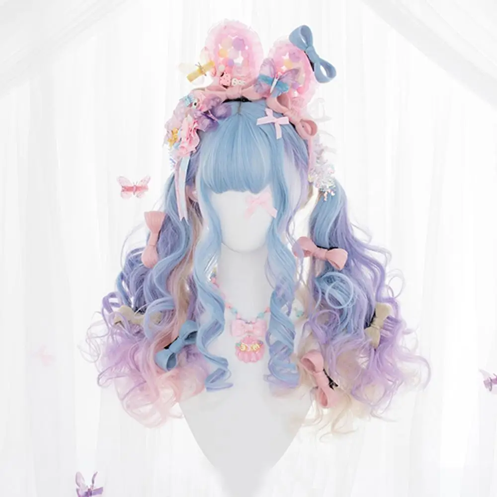 

CosplayMix 67CM Lolita Japan Cute Harajuku Long Wavy Blue Mix Pink Ombre Bangs Halloween Party Synthetic Hair Cosplay Wig+Cap