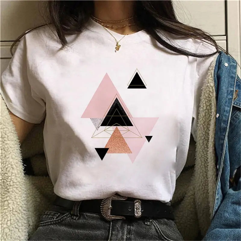 

2021 New Summer Geometry Printed T-shirts Women White Short Sleeve T Shirt Harajuku Round Neck Tops Tee Female Casual Tshirt