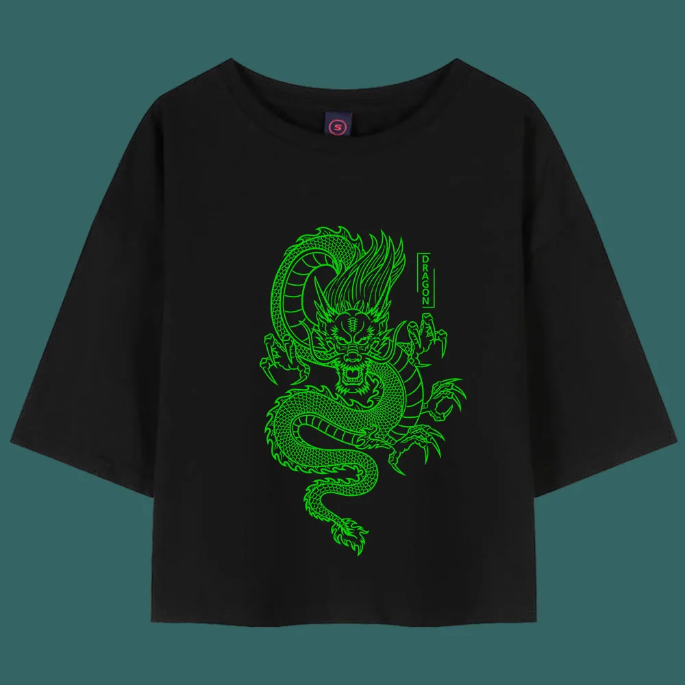 Женская хлопковая Футболка с принтом дракона короткий топ в стиле Харадзюку