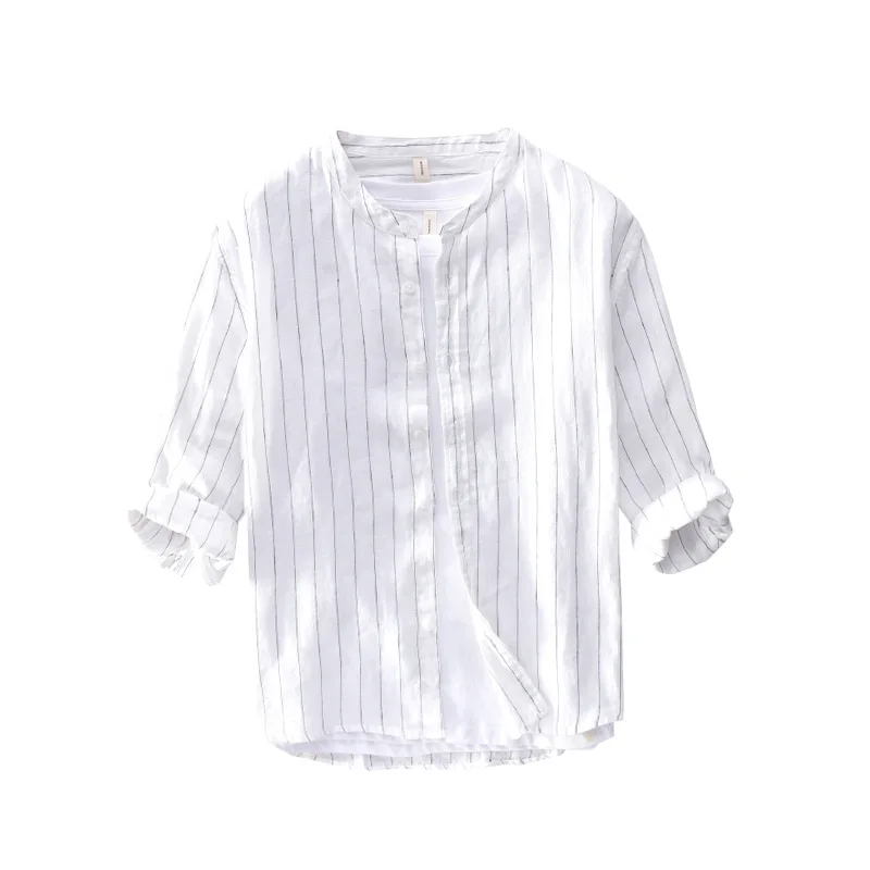 Рубашка Мужская льняная с воротником-стойкой модная сорочка полурукавами