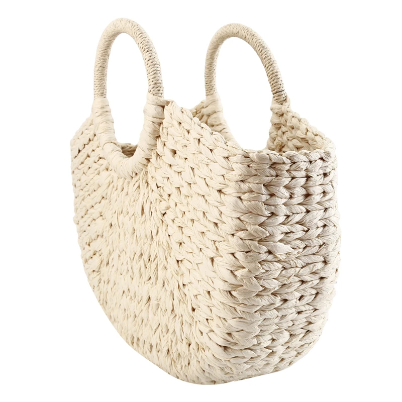 

New Straw Bag 2021 Women Hand-Woven Hollow Handbag Moon Shape Rattan Bag Big Capacity Drawstring Handbag Casual Travel Beach Bag