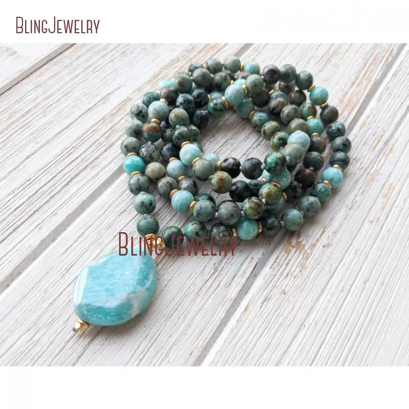 

African Turquoises Opal Mala 108 Mala Necklace Amazonite Pendant Necklace MN31557