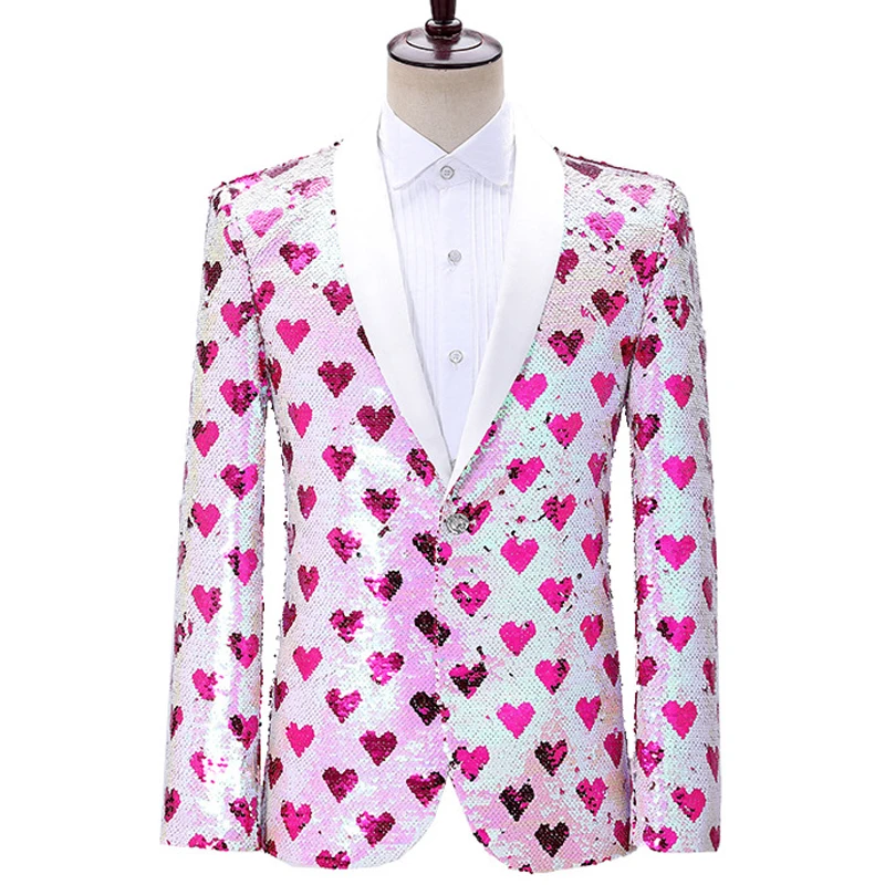 Heart Print Blazer Jacket Men Stage Party Mens Suit Jackets Dress Luxury Performance Mens Blazer Wedding Singer Costume Homme