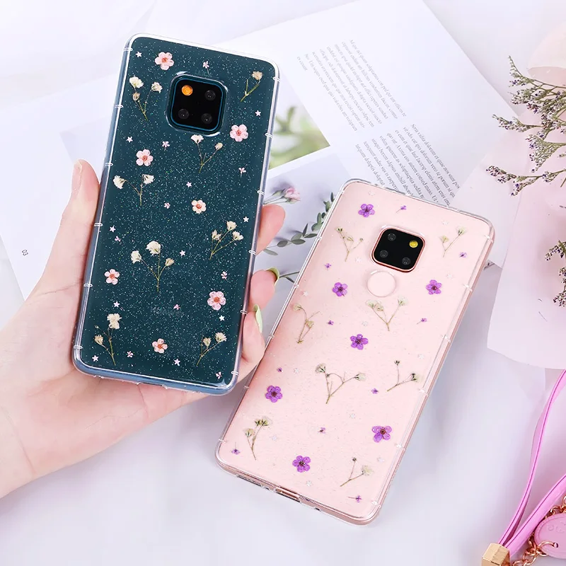 Phone Case For Huawei Mate 20 Pro Glitter Transparent Silicone 3D Real Dried Flowers Daisy Space Planet Star Cover 20X |