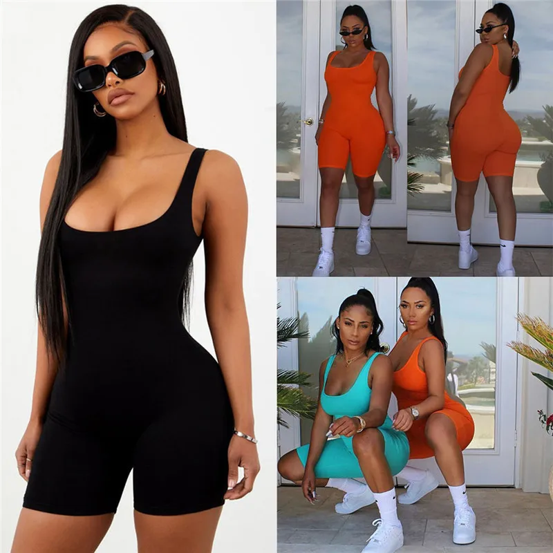 

2021Sexy Women Sleeveless Romper Jumpsuit Bodycon Bodysuit Slim Fit Sports Short Pants Clubwear Backless Biker Shorts Playsuit