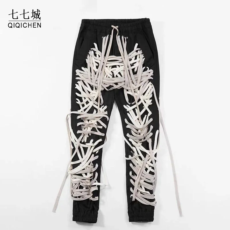 

Men's Patchwork Strings Bandage Pant Wear Harajuku Street High Waist Diablo Casual Slim Trouser 2021 Hip Hop Catwalk Pants