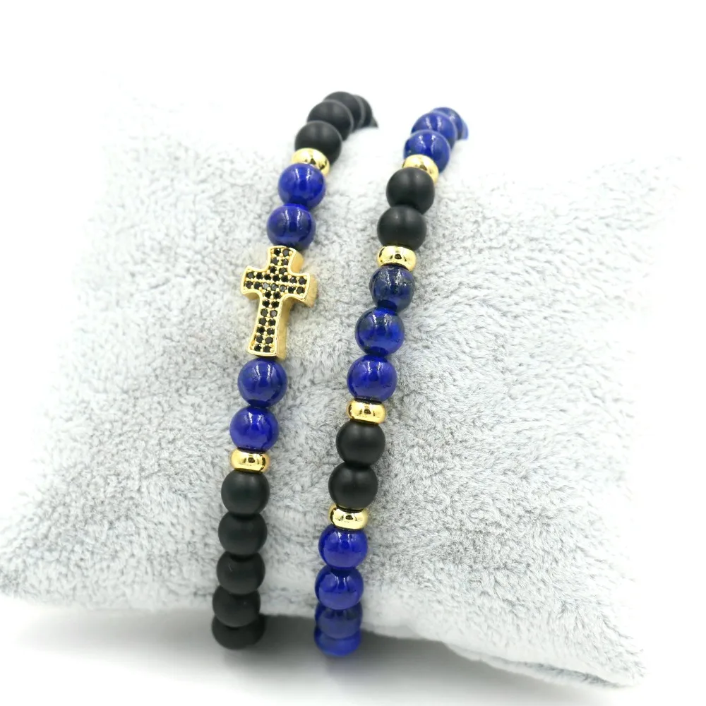 2Pcs/Set Natural Lapis Stone Beaded Strand Cross Bracelet For Men Women Jewelry | Украшения и аксессуары