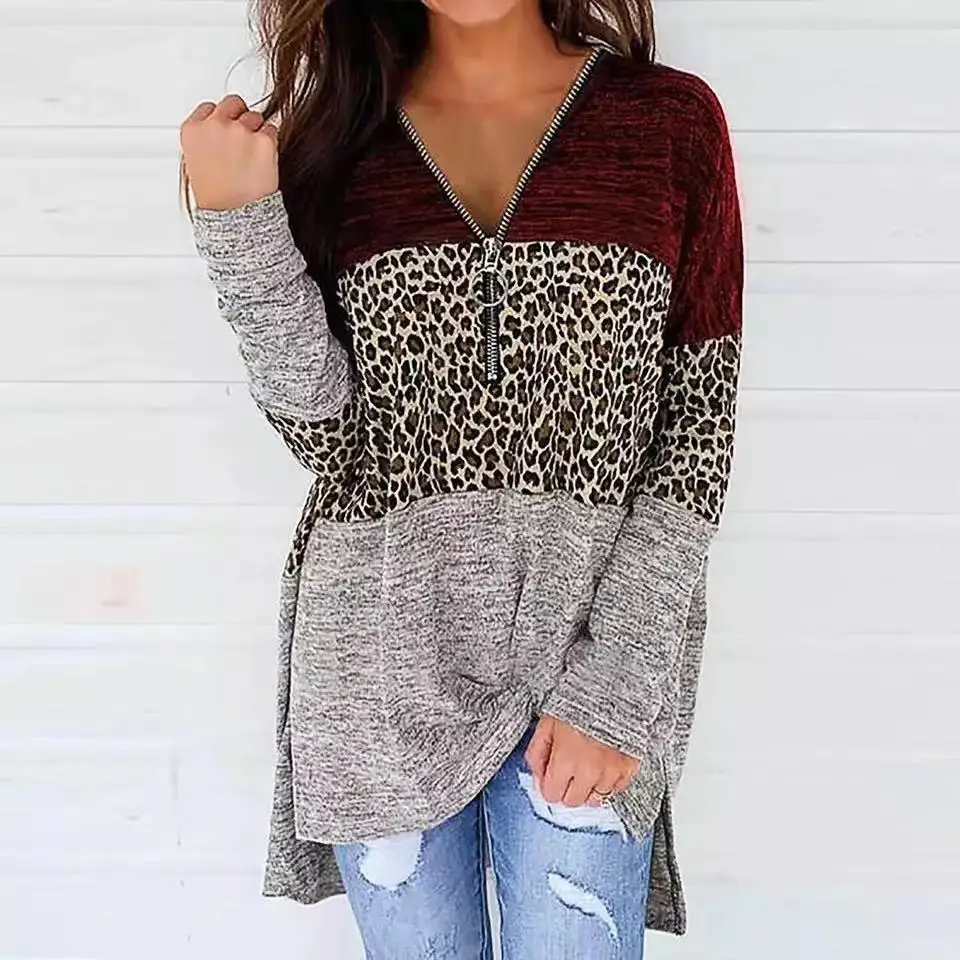 

Autumn Spring New Women's Top Loose V-neck Zipper Leopard Printing Long Sleeve WomenT-shirt
