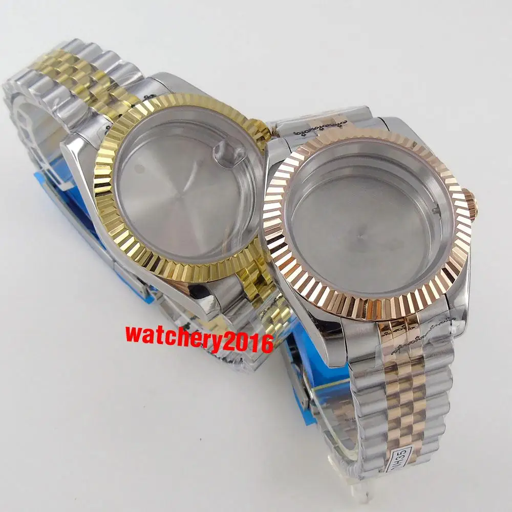 39mm Gold Plated Watch Case Fit For NH35 NH36 Miyota 8215 DG 2813 Coin Bezel Jubilee Bracelet Sapphire Glass Steel/Glass Back