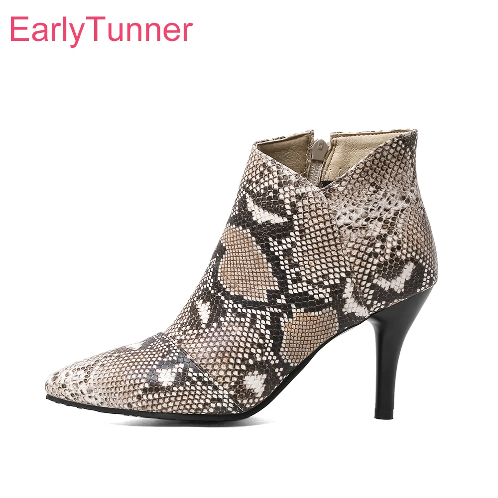 

Winter Brand New Glamour Tan Black Women Ankle Boots Snakeskin High Heels Lady Shoes Plus Big Small Size 11 32 43 45 48