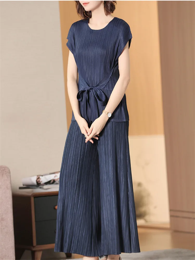 

Summer Casual Plus Size 2 Piece Sets Vetement Femme 2021 Women Pant Suit Foutfits Fashion Solid Loose Pleated Conjuntos De Mujer