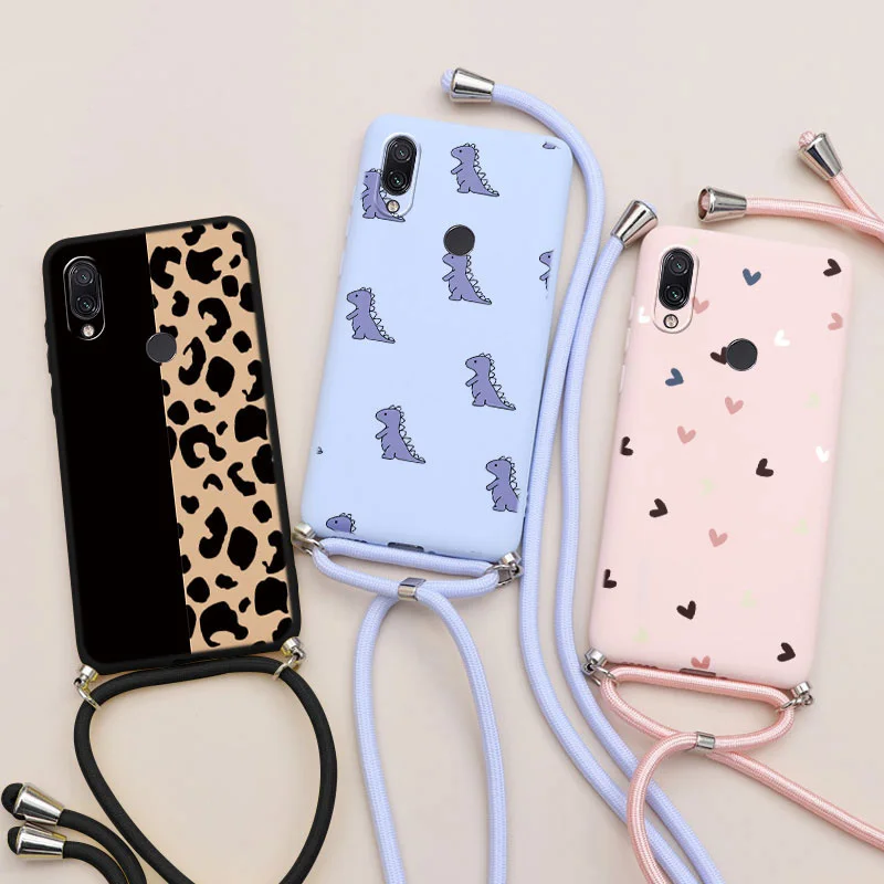 

Чехол для телефона с цепочкой и шнурком для Xiaomi Redmi Note 7, силиконовый мягкий милый чехол с динозавром и цветком для Redmi Note 7pro, 7 s, бампер