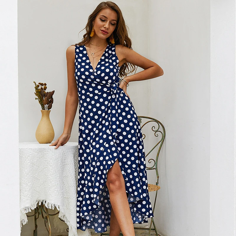 Женское винтажное платье в горошек с запахом без рукавов|Женские платья| |