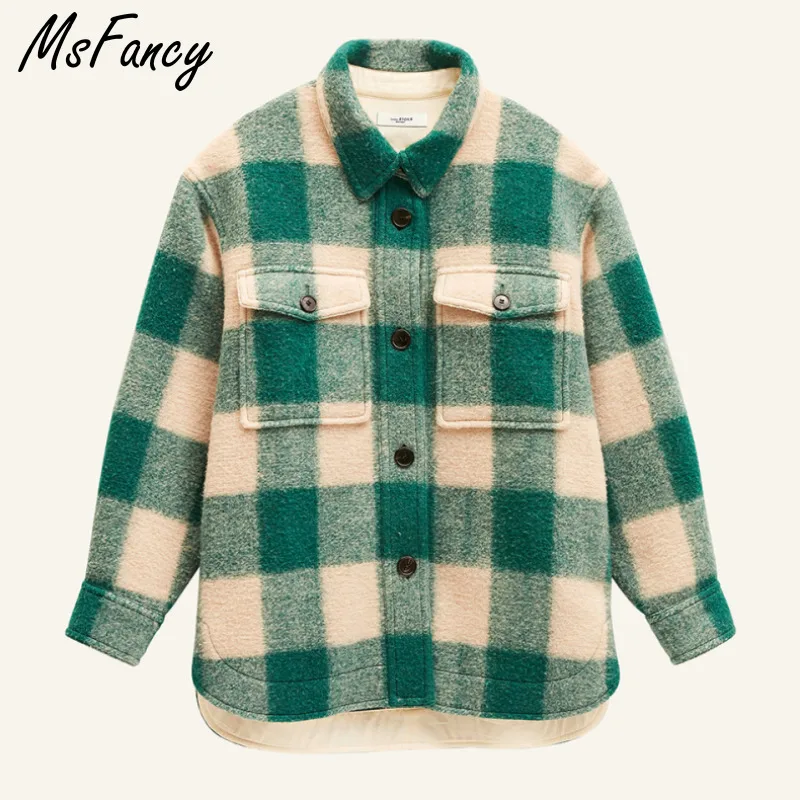 Женское шерстяное пальто Msfancy в клетку осень 2021 модная однобортная куртка стиле