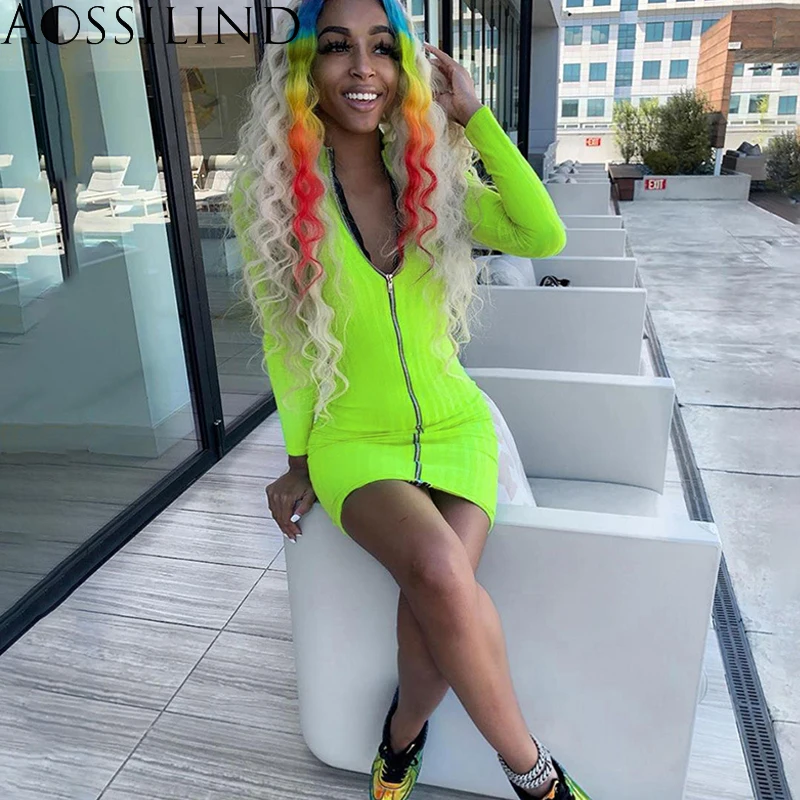 Неоново-желтое облегающее платье AOSSILIND с длинным рукавом Осень-зима 2019