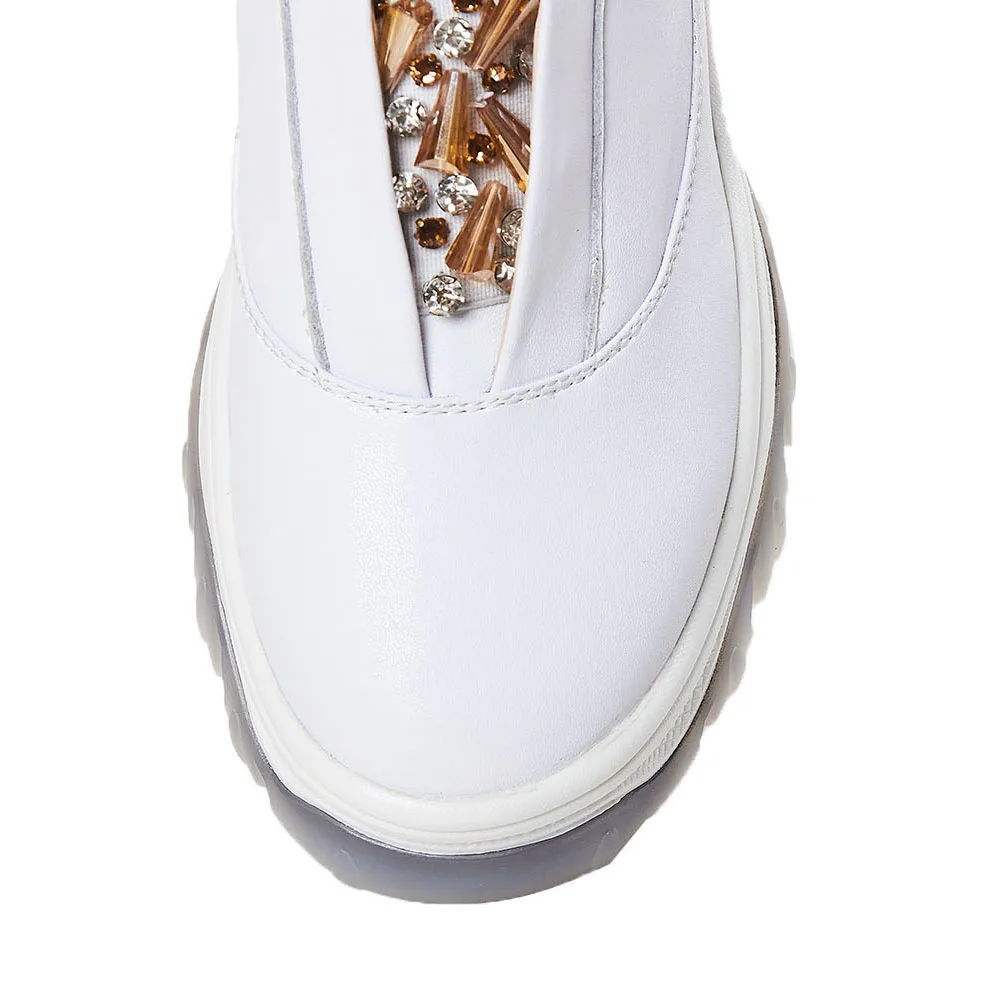 

White Sneakers Women Pink Rhinestone Leather Platform Sneakers Casual Shoes 6cm