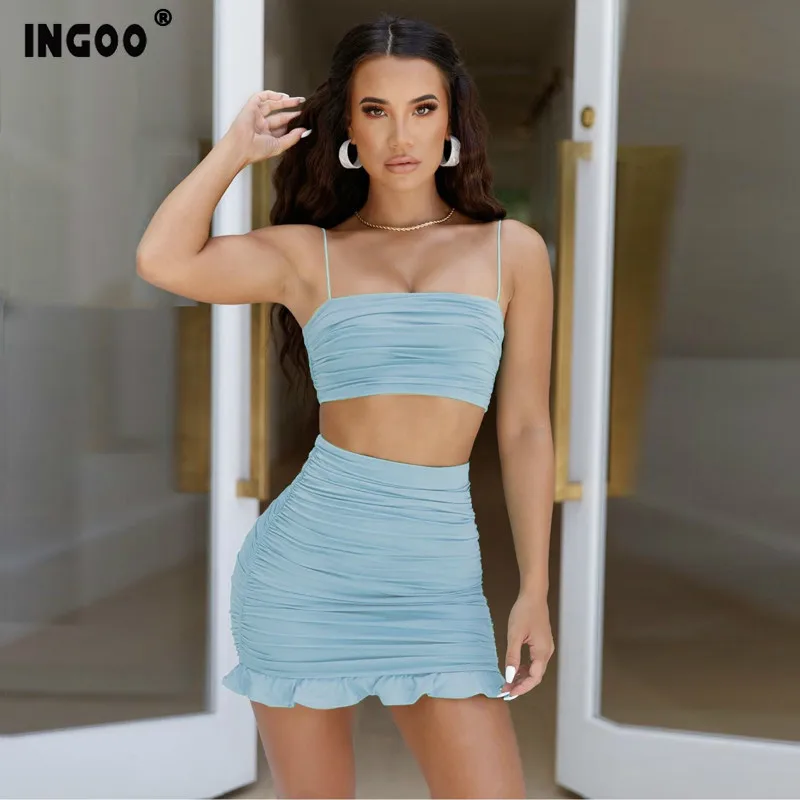 

INGOO Summer Sexy Two Piece Skirt Set Women Outfits Slash Neck Strap Crop Top and Ruffles Bodycon Mini Skirt Party Night Sets