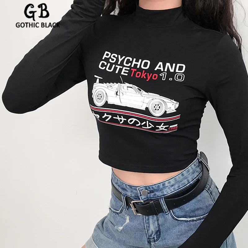 Женская футболка Goth черная облегающая с длинным рукавом и принтом в виде букв В