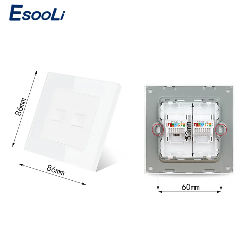 Белая Роскошная прозрачная стеклянная панель Esooli двойной разъем RJ45 для