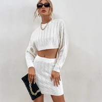 womens solid color two piece knitting new fashion long sleeved round neck sweater skirt women 2022 autumn sexy temperament suit