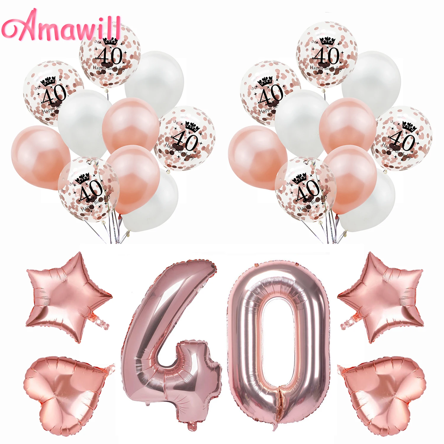 Вечерние шарики Amawill для взрослых 40 лет звезды розового золота сердечки образные