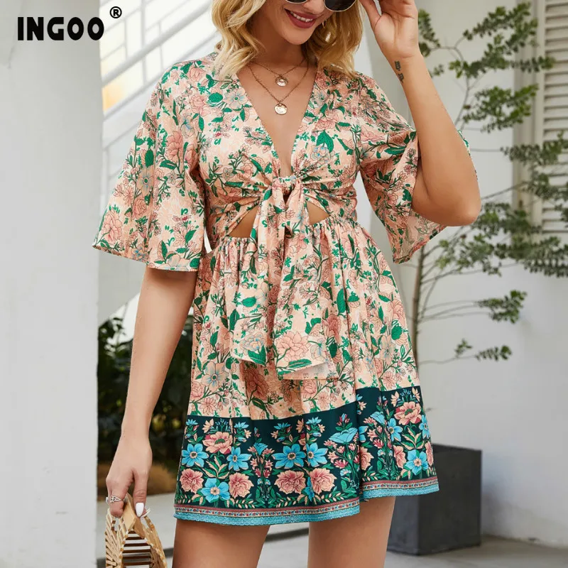 Женское платье INGOO в богемном стиле с коротким рукавом и расклешенным пупком лето