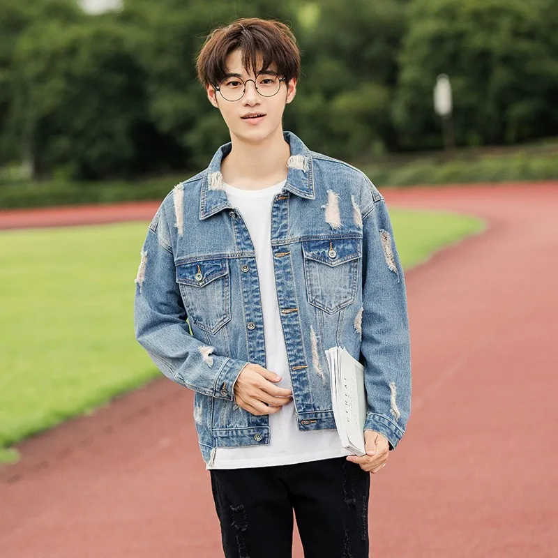 

Short Denim Coat Men College Style Frayed Slim Cowboy Jacket Street Single Breasted Letter Print Blue Casual Outerwear S-3XL