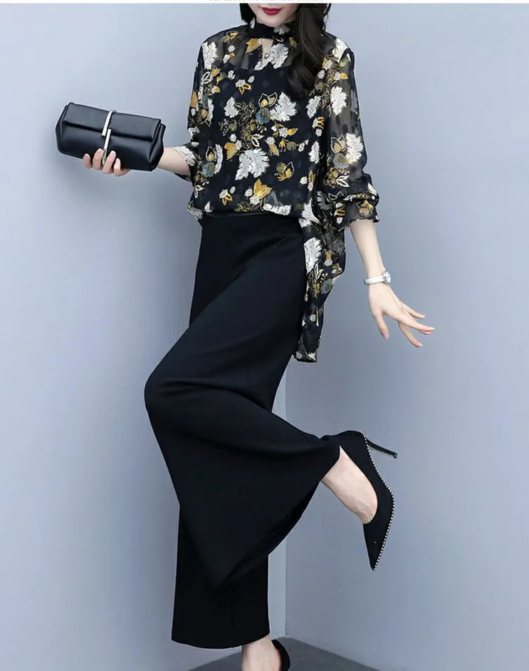 

Women Chiffon Pant Suits Formal Elegant Office Ladies Work Pantsuits Summer Blouse Tops Wide Leg Pants Two Piece Set Plus Size