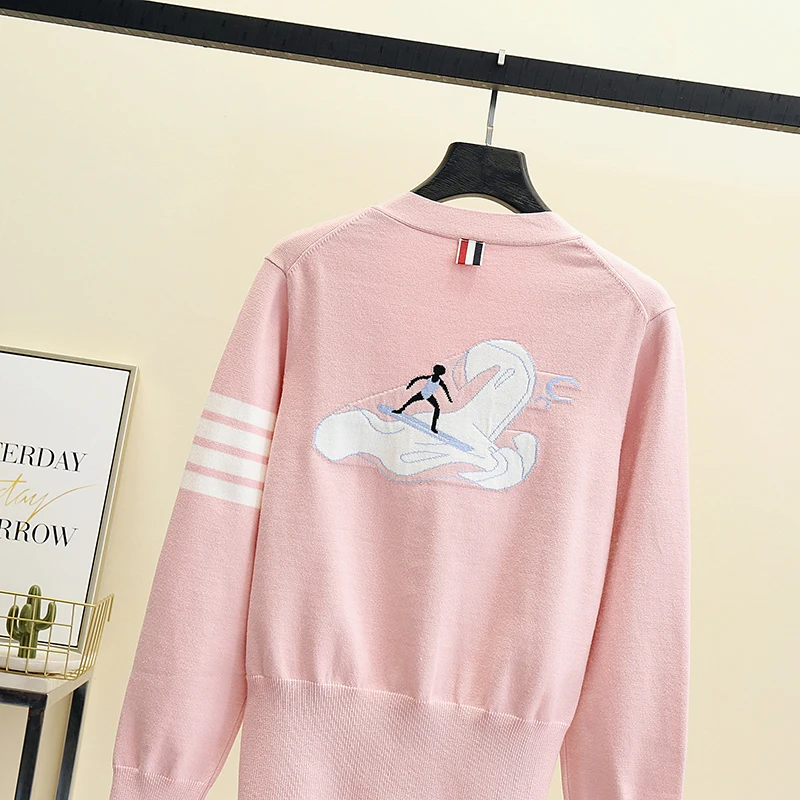 

Female Knitted Swan Printed Cardigan Shirts Lady Knitting Jumper Tops Outwear Fall 2021 Women