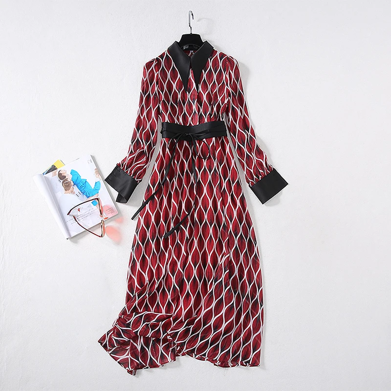 

QUALITY 2021 HIGH New Fashion Designer Women's Elegant Long Sleeve Black Shirt Collar Bow Gorgeous Spectrum Printed Long Dress