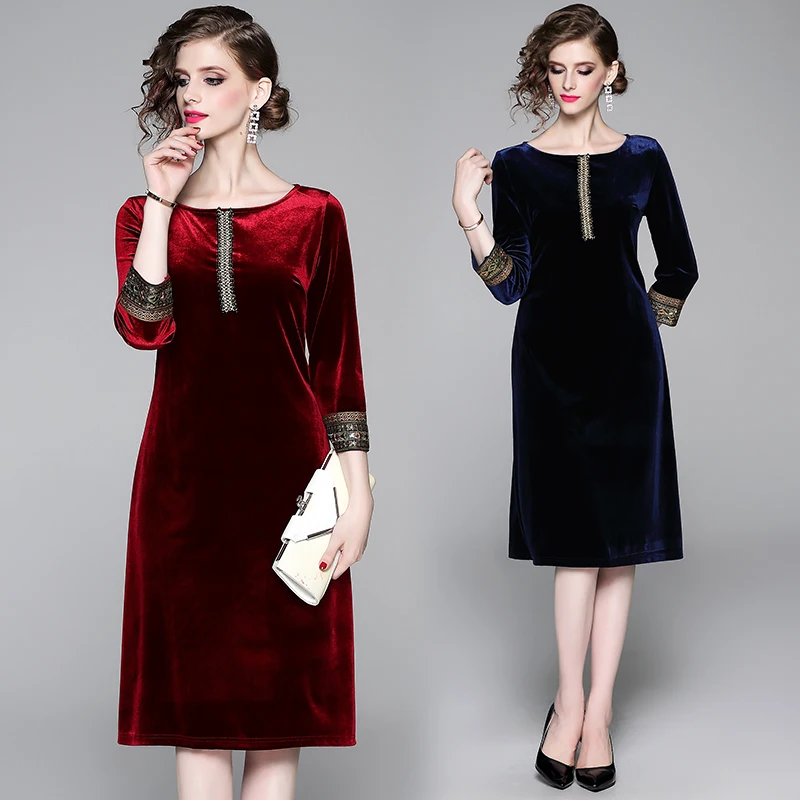 

Vintage Gold Velvet Midi Dress for Women Autumn Fashion Boho Casual Burgundy O-neck Dress Elegant Street Party Dress Vestidos