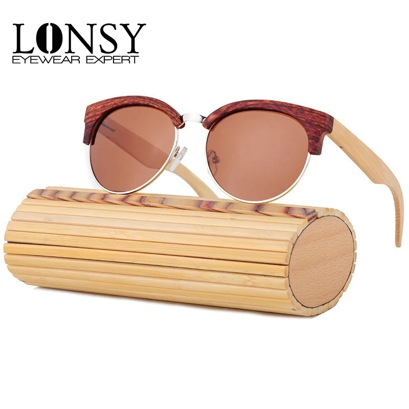 LONSY модные круглые солнцезащитные очки ручной работы бамбуковые мужские