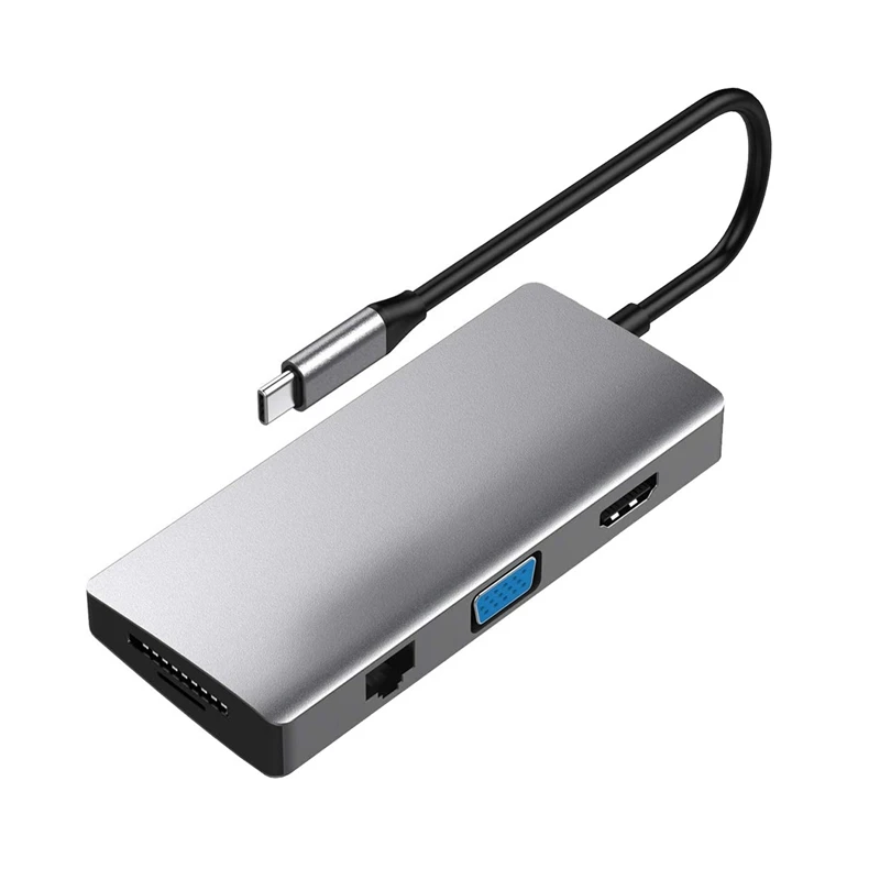 

Адаптер USB C Hub, док-станция типа C 10-в-1, VGA, Ethernet, зарядка, 4 USB 3,0 и кардридер SD/TF