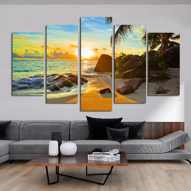 

5 Panels Beach Landscape Posters And Prints Canvas Painting Sea Sunset Big Size Wall Art Pictures For Living Room Home Decor