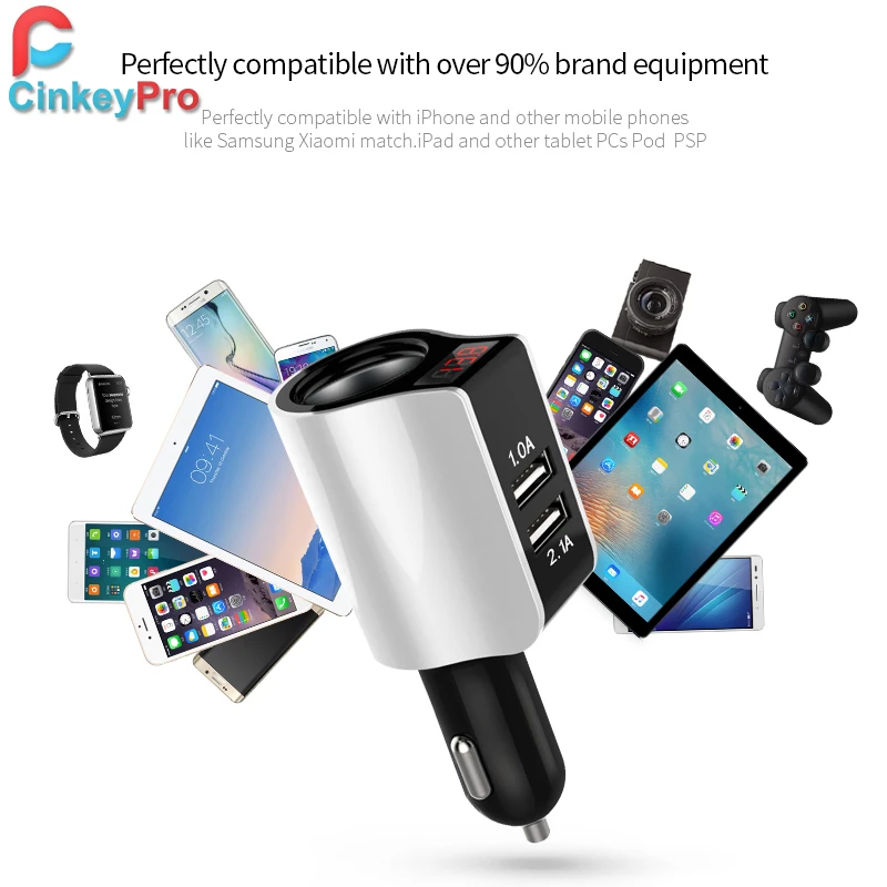 CinkeyPro 2 порта USB Автомобильное зарядное устройство для iPhone samsung Автомобильное зарядное устройство светодиодный прикуриватель 2.1A зарядка мобильный телефон Micro type C кабель