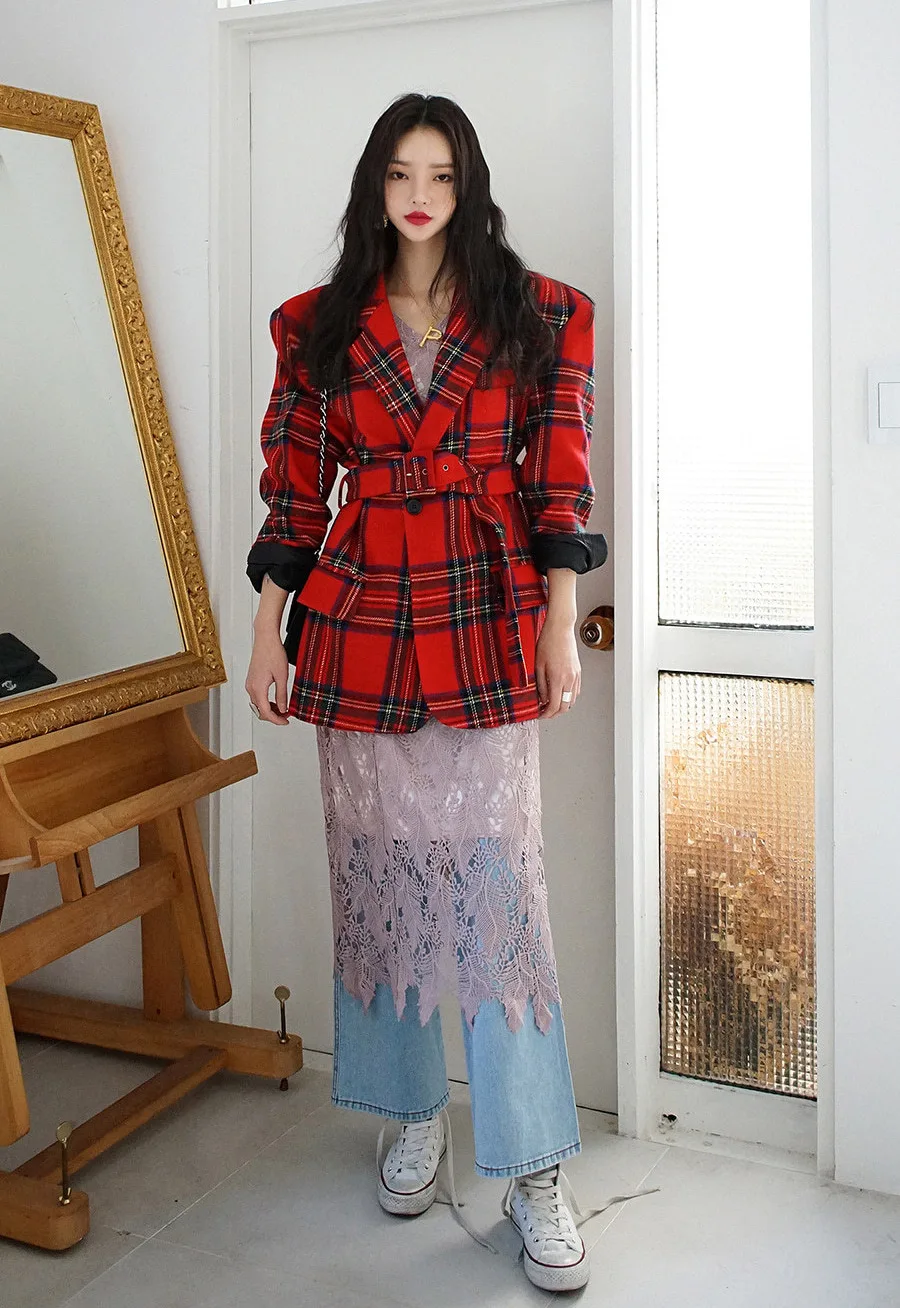 Red Big Plaid Women Blazer Pockets Jackets Female Retro Suits Coat Feminino blazers Outerwear high quality | Женская одежда