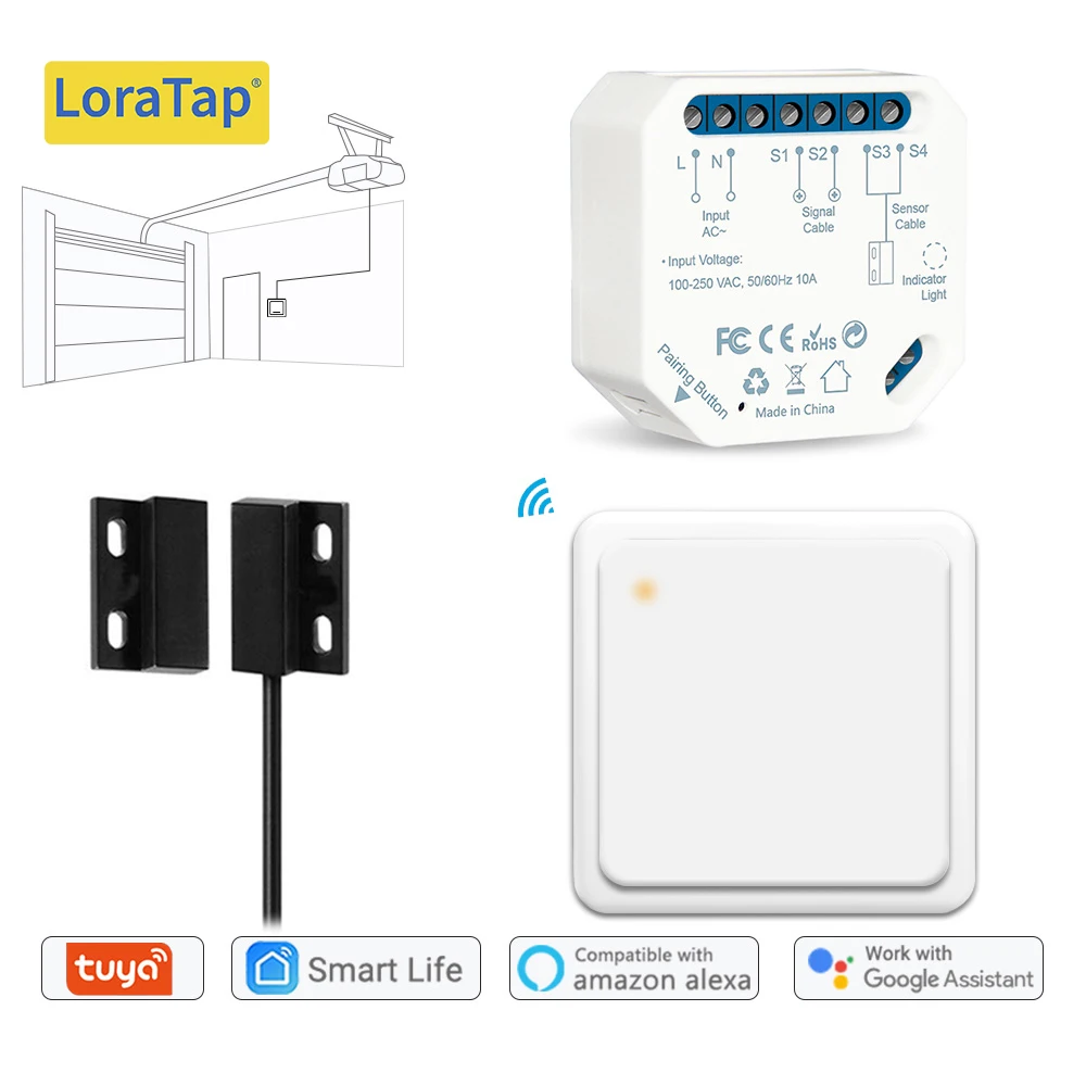 

LoraTap Tuya Garage Door Sensor Controller Opener with Remote Control by Smart Life Google Home Alexa App Voice Operate Support