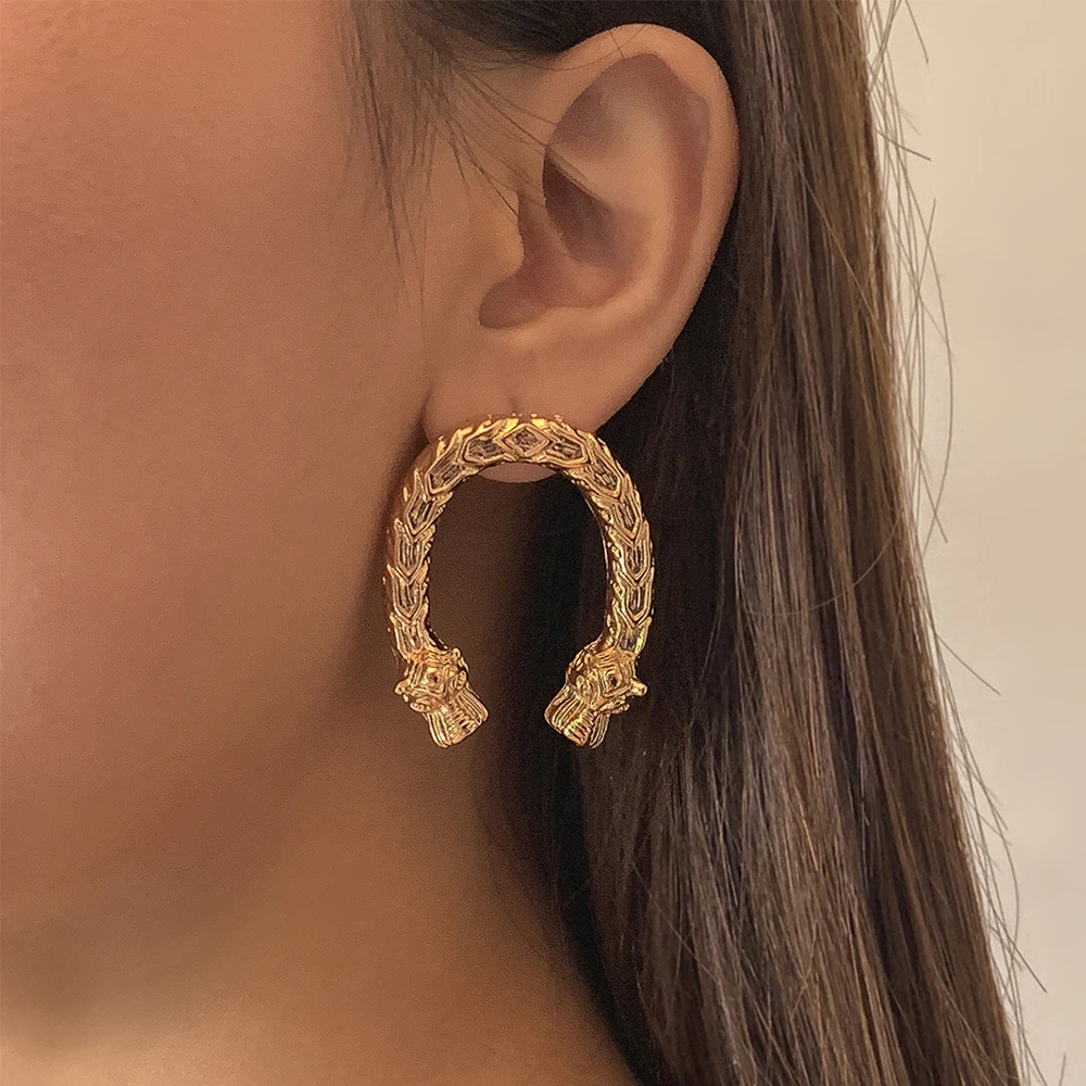 

Lacteo Vintage Dragon Geometric U Shape Hoop Earrings Exaggerated Eements Drop Earrings Jewelry Accessories For Women Men Gifts