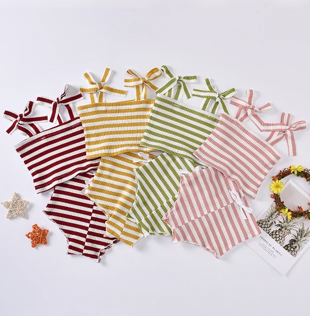 

2020 3-24M Baby Girls Stripe Knited Clothes Set 4 Colors Summer Tie-up Shoulder Strap Tube Top+High Waist Short 2pcs Stylish Set